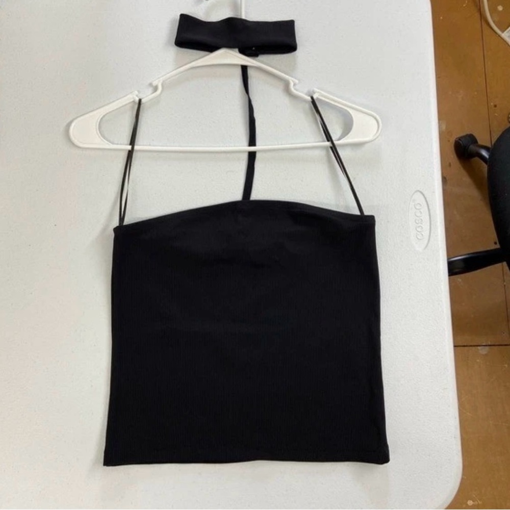 NWOT ZARA Trafaluc women's black ribbed stretch strapless choker crop top medium